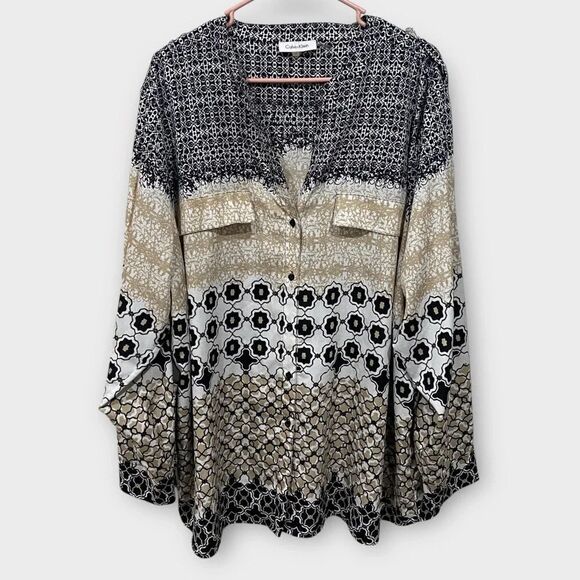 Calvin Klein Mixed Print Button Down Long Sleeve Top Size 3x - Picture 2 of 5